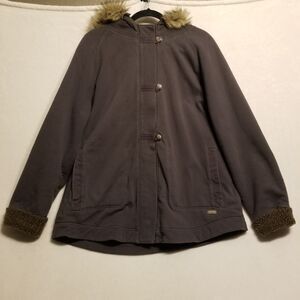 Eddie Bauer XL Coat Parka Jacket Faux Fur Trim Hood Sherpa Lined Mid Length
